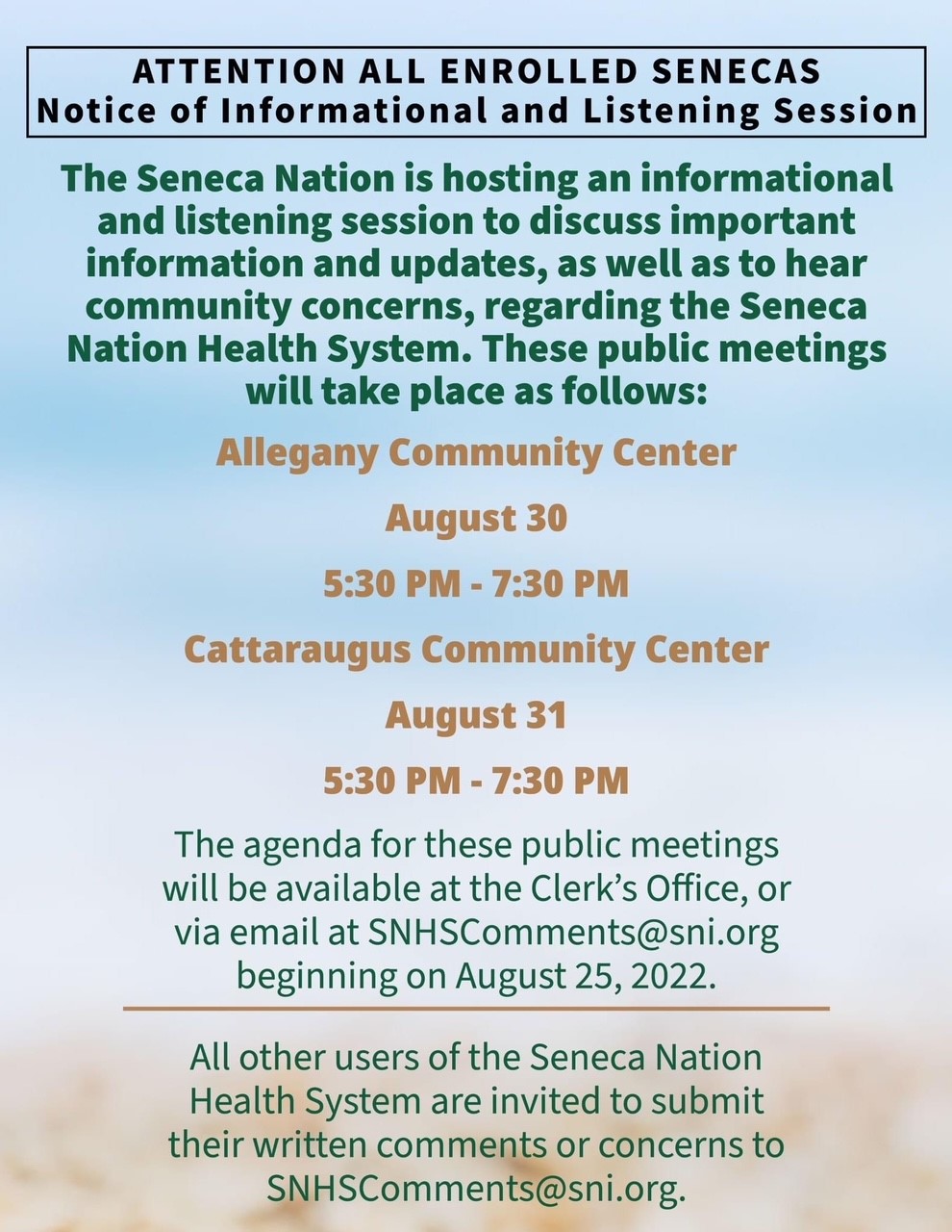 Seneca Nation SNHS Community Meetings Seneca Nation Health System
